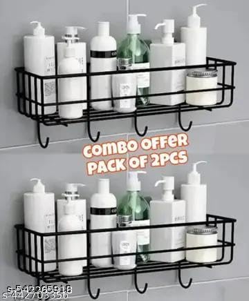 (PACK OF 2) Steel Self-Adhesive Multipurpose Bathroom Shelf with Hooks/Towel Holder/Rack/Bathroom Accessories-Wall Mount - Pack|Design - for home and kitchen 4