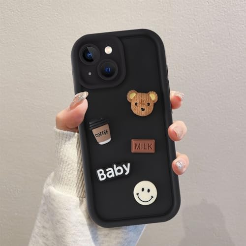 Coalbooliy Custodia per iPhone 14 6,1'', Cellulare Nero Silicone Morbido Cover per telefono Aesthetic Modello Orsetto di peluche 3D Disegni Protezione Fotocamera Antiurto Case, 02