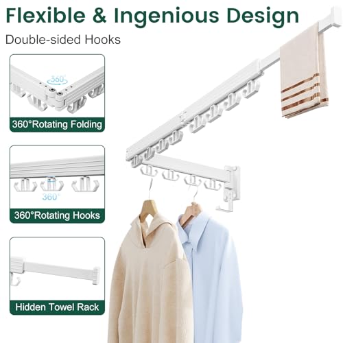 Kelisiting Wall Mounted Clothes Drying Rack, Laundry Drying Rack Wall Mount, 3-Fold Drying Rack Clothing, Foldable Clothes Drying Rack with 12 Dual Hooks Organization for Laundry Room Indoor - White - Image 4