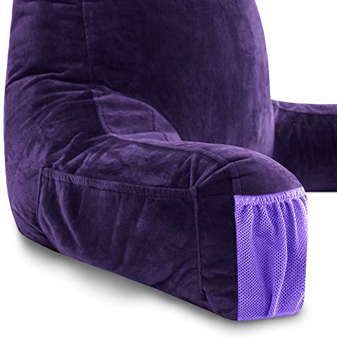 Husband Pillow Medium Purple, Backrest for Kids, Teens, Petite Adults - Reading Pillows with Arms, Adjustable Loft, Plush Memory Foam, Bed Rest Chair for Sitting Up, Detach Neck Roll, Removable Cover