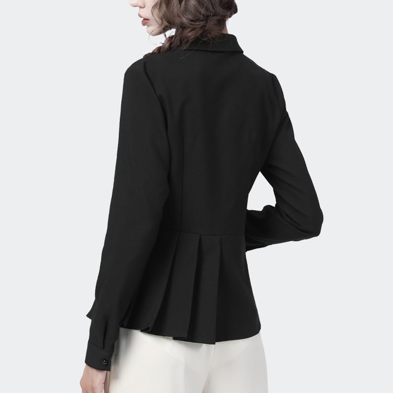 Traje de Oficina para Mujer, Camisa con Cuello, Camisa Lisa de Manga Larga Plisada, Blusas de Mujer, Tops de Primavera de Estilo francés (Negro XL)