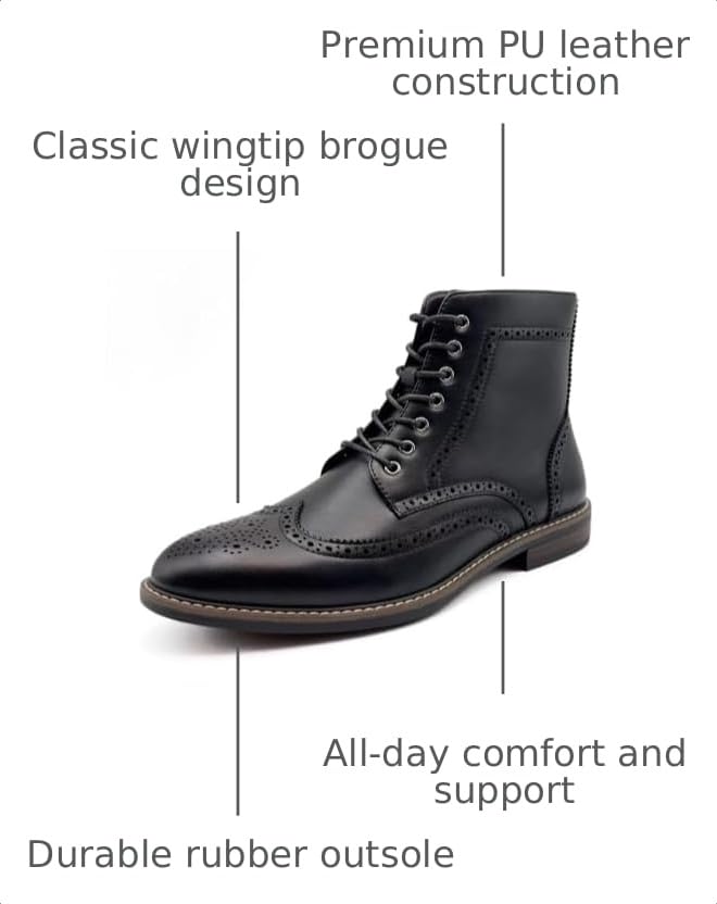 Image of Men's Wingtip Toe Boots, Classic Brogue Style, Oxford Lace Up Dress Shoes
