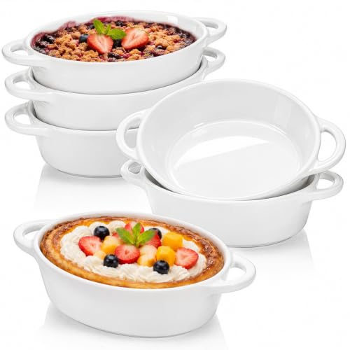 Foraineam 6-Pack Porcelain Ramekins, 10 Ounce Oval Ceramic Creme Brulee Souffle Baking Ramekin Dishes Bowl with Double Handles