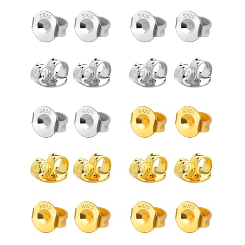 Sterling Silver & 14K Gold Earring Backs Replacements - 20pcs Hypoallergenic, Droopy Ear Friendly - 10 White + 10 Gold