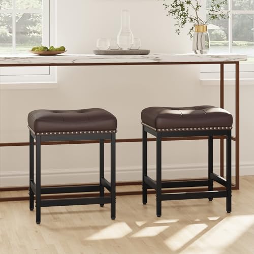 Image of MALOL Saddle Bar Stools Set of 2, 24 Inch Counter Height Backless Barstools - PU Leather Cushioned Seat, Metal Base & Footrest, Kitchen Island Breakfast Bar Chairs, Modern Brown