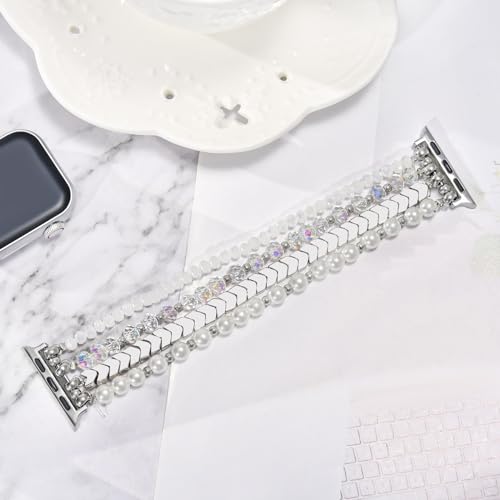 Image of MOFREE Beaded Bracelet Compatible with Apple Watch Band 38mm /40mm /41mm /42mm, Fashion Elastic Stretch Women Bands for iWatch Series 11 /10 /9 /8 /7 /SE /6 /5 /4 /3 /2 /1 iPhone Watch Strap Bands White