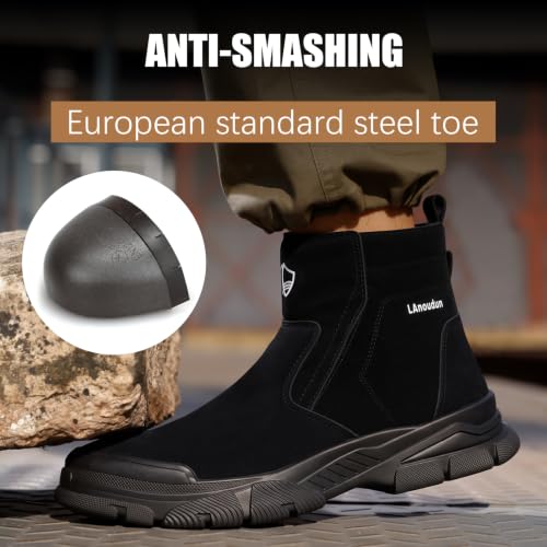 Image of GLANOUDUN Steel Toe Boots for Men Welding Work Boots Indestructible Mens Safety Toe Boot Zipper Construction Boot Laceless Welder Footwear