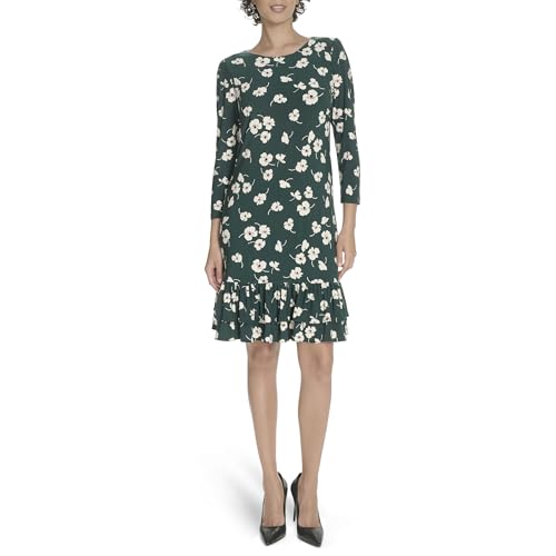 Image of Tommy Hilfiger Women's 3 /4 Sleeve Crew Neck Double Ruffle Hem Jersey Shift Mini Dress