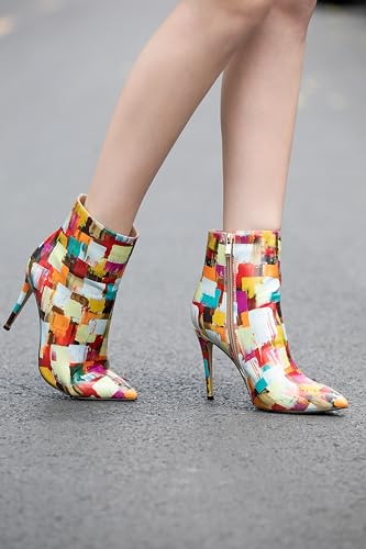 Womens High Stiletto Heels Blue Multicolor Square Printed Closed Toe Sexy Ankle Bootie Shoes4