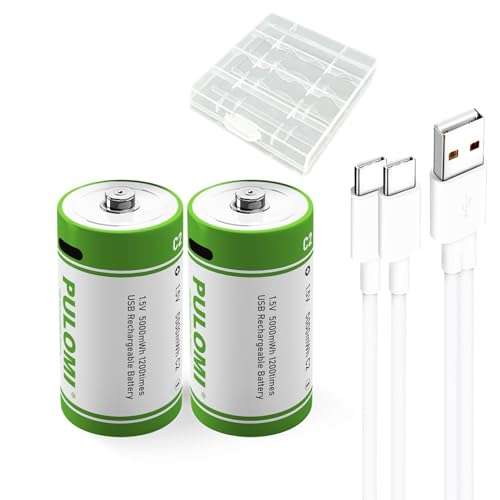 Batería recargable de iones de litio USB C, 1,5 V, 5000 mWh, batería C recargable, 2 horas de carga rápida, 1200 ciclos con cable de carga tipo C, protección contra sobrecarga, paquete de 2