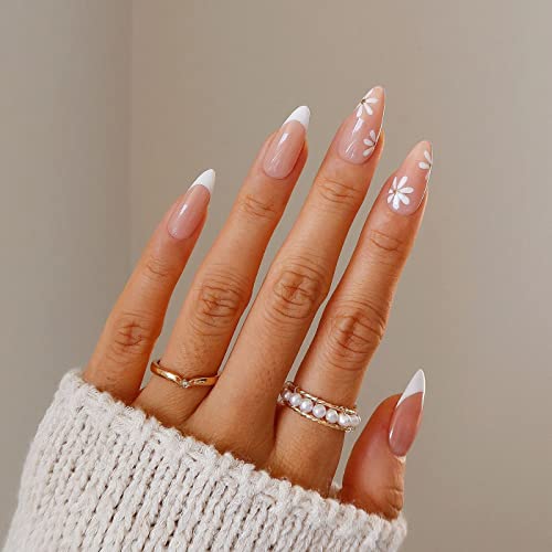 White French Tip Fake Nails Almond,KXAMELIE Acrylic Nails Press on Stiletto Nails White Daisy Flowers Almond Shaped Stick on Nails Set Glue on Nails Medium Length for Manicure in 24PCS