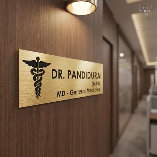 Image of Customized Self Adhesive Acrylic Name Plate for Home | Black and Matt Brush Gold Acrylic Personalized Door Name Plate | Custom Name Board for House, Office & Entrance (12 x 4 Inch, Black and Gold)