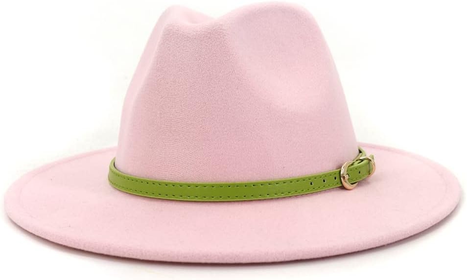 Women's Felt Panama Hats Classic Wide Brim Rancher Fedora with Belt Buckle，Womens Camel Winter Hat (Color : Pink, Size : One Size)