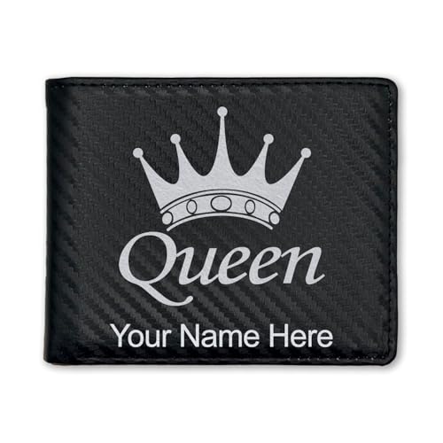 LaserGram Faux Leather Bi-Fold Wallet, Queen Crown, Personalized Engraving Included (Carbon Fiber Black with Silver)