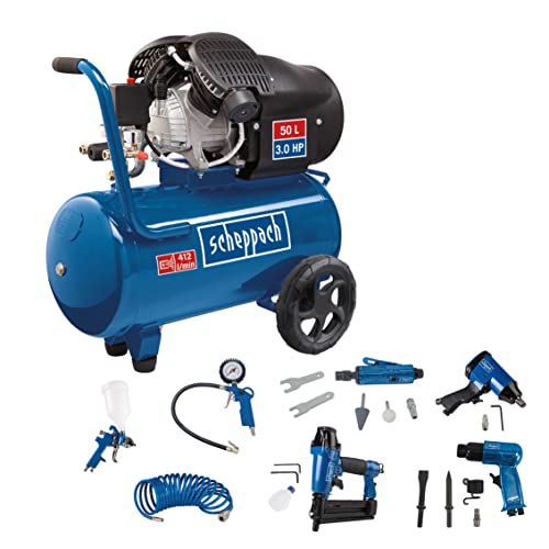 Scheppach Compresseur bicylindre professionnel HC55DC | 50L |Lubrifié | 10bar | 2200W / 3PS | 412L/min de débit d'aspiration | + Set d'accessoires...