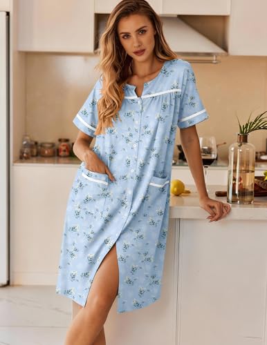Image of Ekouaer Nightgowns for Women House Dress with Pockets Button Down Sleepshirt Short Sleeve Nightshirt Housecoat