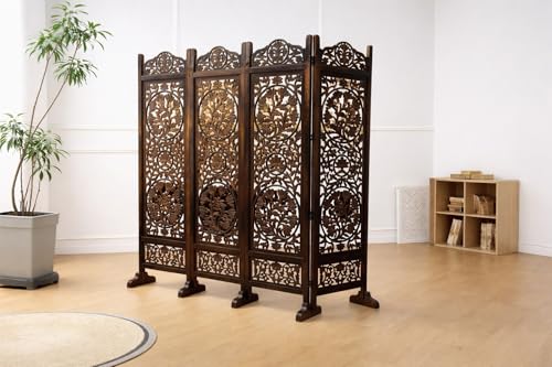 Image of Wooden Room Divider Decorative Foldable Privacy Screen Hand Carved Partition for Living Room Bedroom Office Decor (6 Feet 4 Panel Brown with Stand Each Panel Size 72X20 Inch)