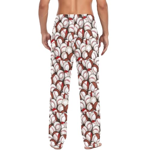 Men's Baseball Balls Pattern Pajama Pants with Pockets - Straight Fit Cotton Sleep Bottoms for Lounge & Nightwear#343