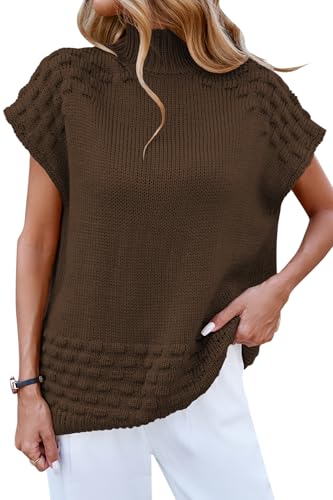 Cakulo Womens Oversized Sweater Vest Mock Neck Knit Pullover Fall Sleeveless Short Sleeve Sweaters 2025 Coffe XL