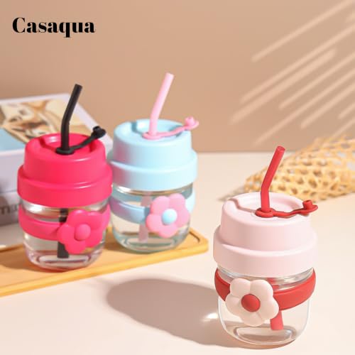 Image of Glass Tumbler with Straw & Lid -300ml, Set of 1, Reusable Glass Sipper Cup with Silicone Flower Sleeve, BPA-Free Drinking Cup for Iced Coffee, Juice, Smoothies, Milk, Water (Random Color)