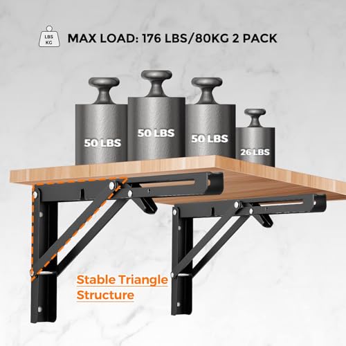 Image of Ravinte 4 Pack 12 Inch Folding Shelf Brackets - Matte Black, Heavy Duty Collapsible Brackets for Tables and Benches - Space-Saving Design