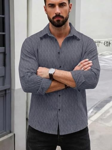 Image of DEELMO Men's Regular Fit Button Down Dress Shirts Textured Long Sleeve Casual Hawaiian Shirt