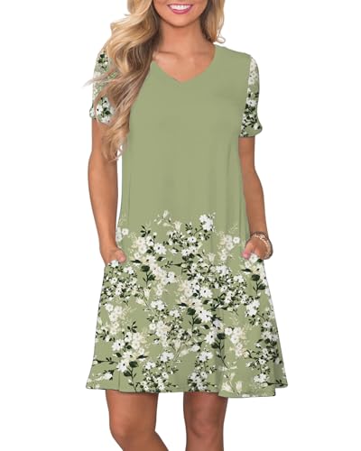 Image of COSSEN Women's Casual T Shirt Dress V-Neck Short Sleeves Swing Dresses Birthday Party Summer Travel Beach with Pocket