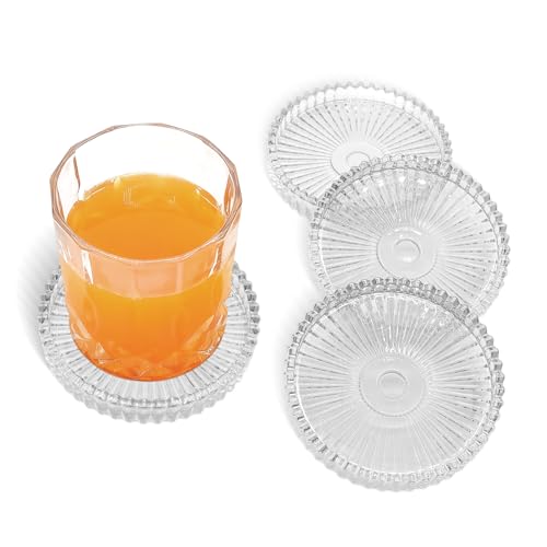 VIBRATITE 4 Inch Glass Coasters Set of 4 Clear Round Drink Coasters