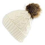 NF NITZSCHE fashion - Bommelmütze für Damen - Farbe: schwarz und Weiss - one Size - warme Wintermütze mit Kunstfell-Bommel - Beanie mit Bommel für Damen (Weiß)