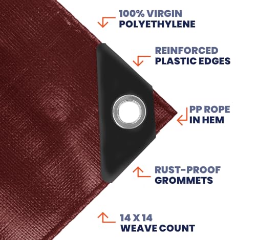 Image of Extra Heavy Duty 14 Mil Tarp Cover, Waterproof, UV Resistant, Rip and Tear Proof, Poly Tarpaulin with Reinforced Edges for Roof, Camping, Patio, Pool, Boat (Maroon /Black 30′ X 70′)