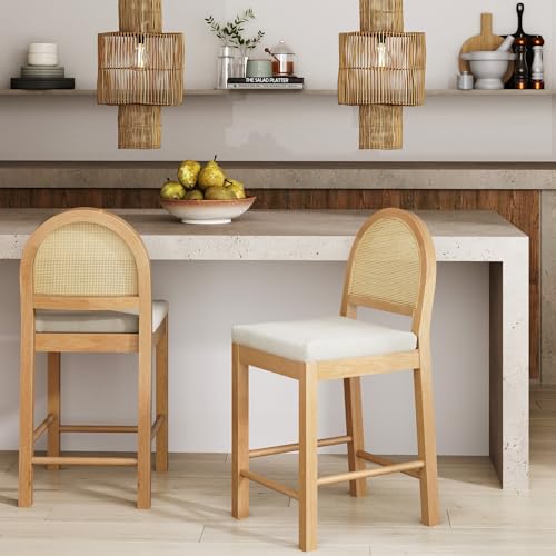 Image of Nathan James Bailey Upholstered Rattan Bar Stool in Oak Finish Frame, Counter Height Stool with Natural Rattan Woven Back For Kitchen Island, Brown, Set of 2