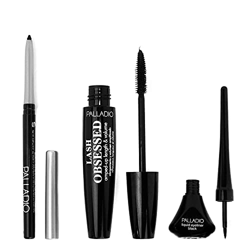 Palladio Ultra Black Eye Makeup Kit, High Pigmented Deep Black Makeup Look, Waterproof Eyeliner, Retractable Eye Liner, Liquid Eyeliner, Extreme Definition Lengthening Mascara, Smudge Proof Bundle #TOP2