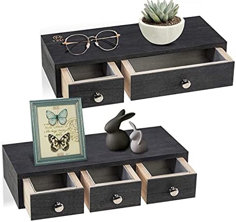 Floating Shelf with Drawer Wall Mounted, Set of 2 Rustic Wood Wall Floating Shelves for Storage and Display 12 x 5 x 2.6 inch (Black)