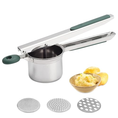 Prensa de patatas de acero inoxidable de 425 ml para triturar patatas y prensar patatas, herramienta de cocina, prensa para puré de patatas (3 discos verdes)