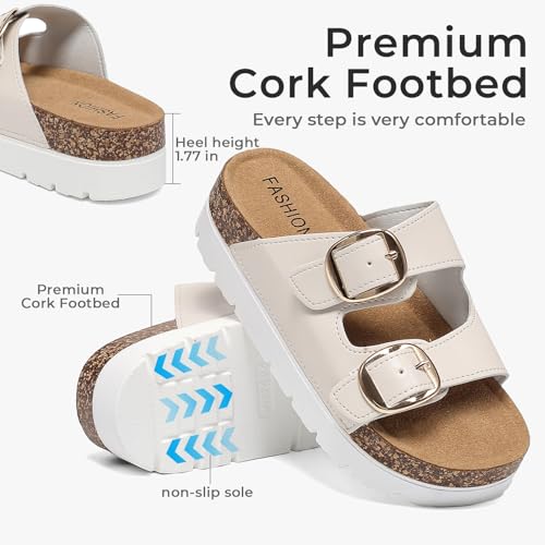Image of Platform Sandals Womens Slides Cork Footbed Clogs Sandals With Arch Support | Wide Width Wedge Sandals with Adjustable Double Buckle, Non-Slip Mules Chunky Clogs Sandals for Walking, Beach Summer Shoes