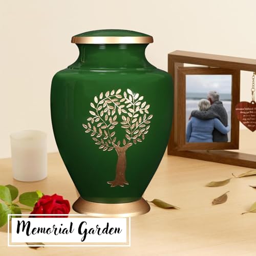 Image of Cremation Urns for Human Ashes Adult - Handcrafted Metal Funeral Urn with Tree Engraving & Velvet Carry Bag, Secure Screw Lid Memorial Burial Urn 11 Inches Height x 7 Inches Width (Green & Gold)