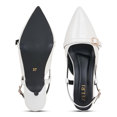 Image of Women's Pointed Toe Kitten Heels, Elegant Glossy Patent Leather Slingback Pumps with Adjustable Buckle Strap, 2-Inch Pencil Heel Sandals
