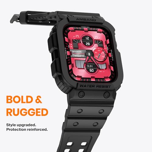 amBand Compatible with Apple Watch Series 9/8/7/SE (2nd)/SE/6/5/4/3 Band for Men 45mm 44mm 42mm Case, Rugged Sport Strap for iWatch 45/44 mm Military Protective Cover Bumper Drop-Proof, Matte Black