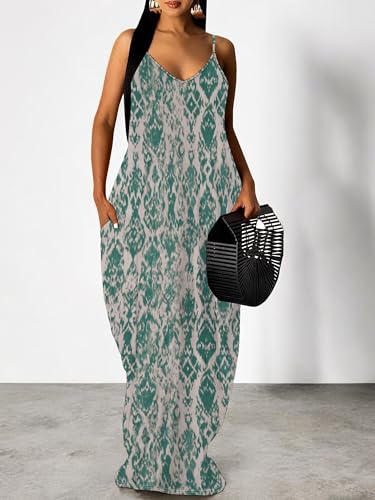 Image of SUZONANA Women's Plus Size Summer Dresses Spaghetti Print Midi Dresses Long Loose Sundresses