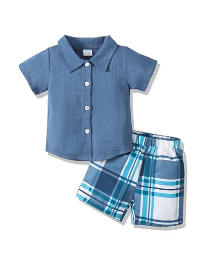 Renotemy 18 Months Boy Clothes Summer Outfits For Toddler Button Down Shirt Top Infant Solid Cotton Linen Shorts Plaid Pant Sets Toddler Clothing Size 2T Boy Outfits 18-24 Months