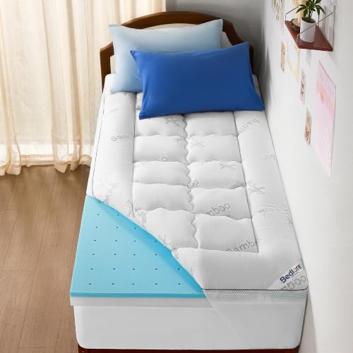 Image of BEDLORE 4 Inch Memory Foam Mattress Topper Twin XL for College Dorm Room Essentials, 2-in-1 Dual Layer Design (2 inch Gel Memory Foam + 2 inch Plush Pillow Top Cover) Mattress Topper Medium Firm(White)