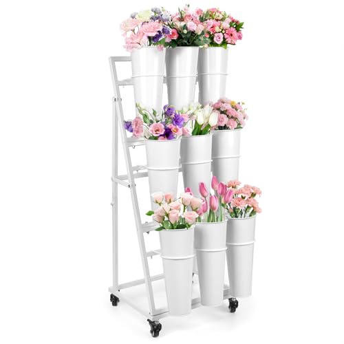 LEALIBAUSS 3FT Flower Display Stand with 9 Buckets,Metal Flower Bar Stand with Wheels,3 Layers Moving Florist Bouquet Shelf for Indoor Outdoor Garden,Flower Shop,Wedding,Party Decor (WHITE)
