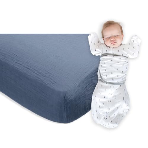 Image of SwaddleDesigns 0-3 Mo Baby Sleep Set, Tiny Arrows and Denim, Omni Swaddle Sack for Newborn, 6-Way Adjustable Swaddle with Arms Up Half-Length Sleeves & Mitten Cuffs, and Soft Cotton Muslin Crib Sheet
