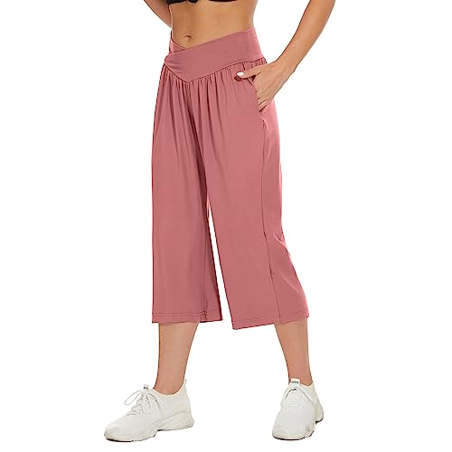 Sicvek Womens Capri Pants High Waist Yoga Lounge Wide Leg Casual Loose Crossover Summer Capris With 3 Pockets(Cameo,Xl) #TOP10