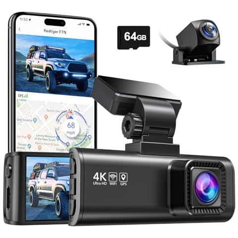 REDTIGER F7N 4K Dual Dash Cam with 64GB Card, Built-in WiFi GPS Front 4K/2.5K and Rear 1080P Dual Dash Camera for Cars,3.18 inch Screen,170° Wide Angle, Parking Monitor, Support 256GB Max Cover