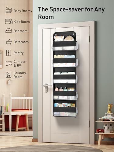 Image of Yecaye 1 Pc Over the Door Organizer with 5 Bins 10 Side Pockets, 44lbs Load Hanging Bathroom and Bedroom Organizer, behind the Door Hanging Organizers for Nursery Newborn Baby Essential Stuff Black