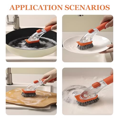 Image of Dish Brushes with Soap Dispenser with Handle-Kitchen Scrubber Brushed-1*Handle & 3*Brush Head(Orange)
