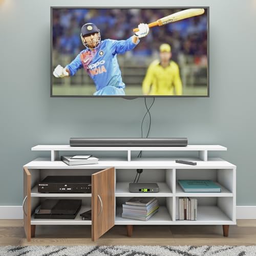 Image of VIKI Modern TV Unit for Living Room | Engineered Wood TV Cabinet with 2 Door Storage, 2 Open Shelves & Extension,Entertainment Unit, 140W x 48H x 40D cm | DIY | 1 Year Warranty (White & Walnut)