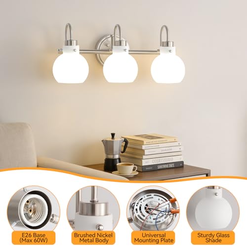 Image of Bathroom Light Fixtures Brushed Nickel 3 Light Vanity Light Wall Sconces with Milk Globe Glass Shades Bath Wall Lamp over Mirror Farmhouse Wall Mount Lights for Kitchen Living Room Bedroom Hallway