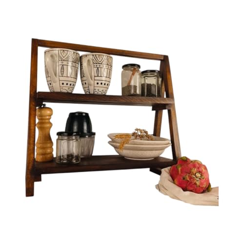 Image of MISAN Solid Wood Kitche n Rack /Wooden Kitche n Counter Top Organizer | 2-Tier Stylish Kitche n Storage Shelf /Multipurpose Wooden Storage Organizer, Spice & Container Rack Freestanding